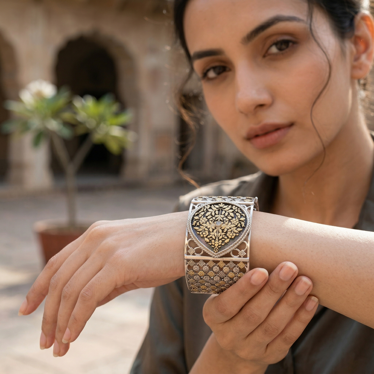 Sangeeta Boochra Statement Silver Bangle with Gold Accents & Floral Motif