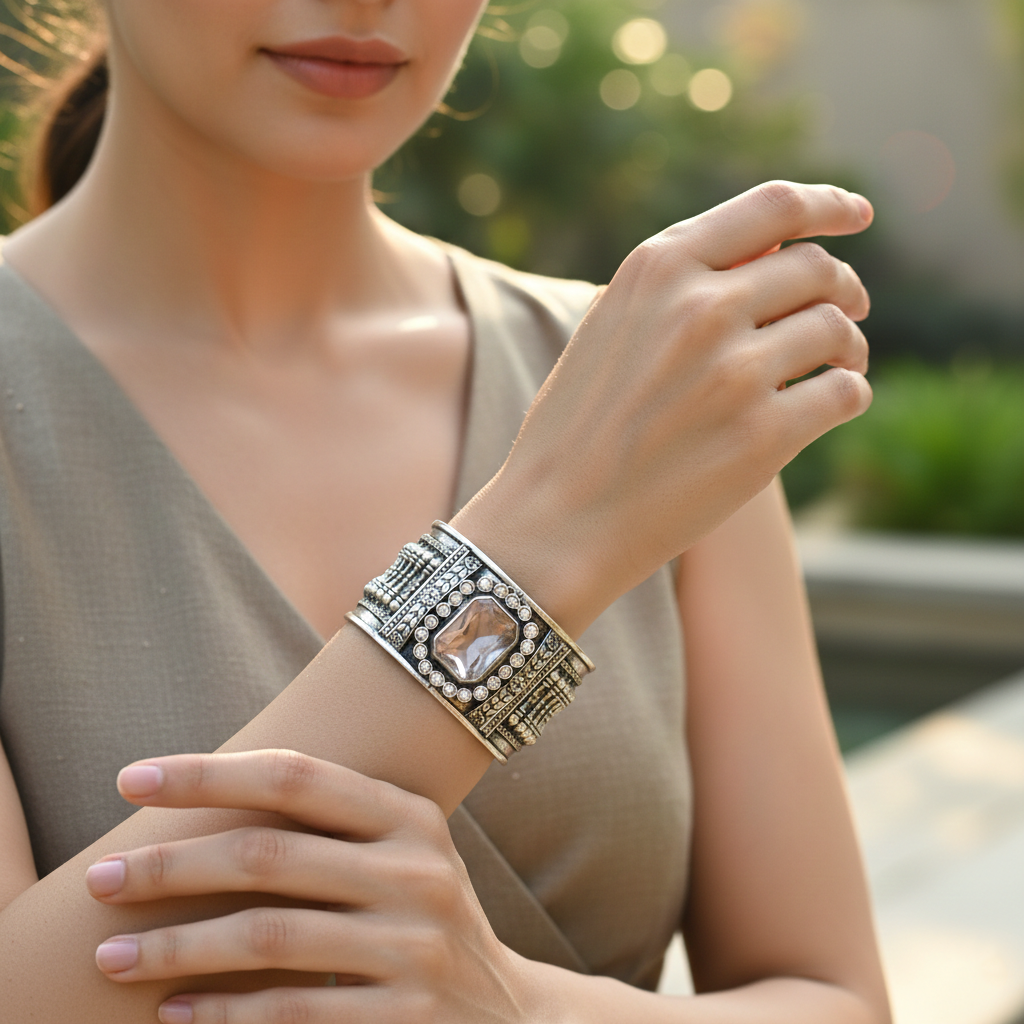 Sangeeta Boochra Vintage Oxidised Silver Hand Cuff with Stone Detailing