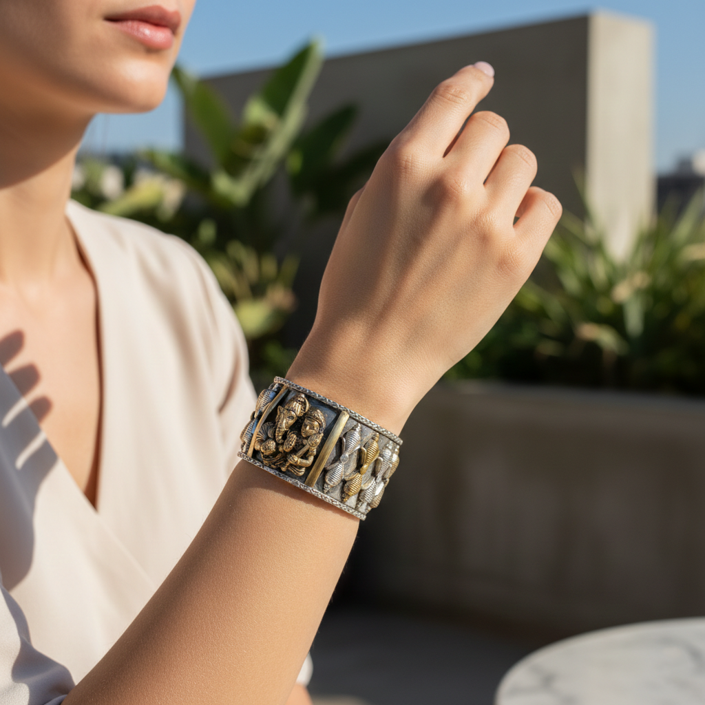 Traditional Dual-Tone Statement Cuff with Divine Motifs