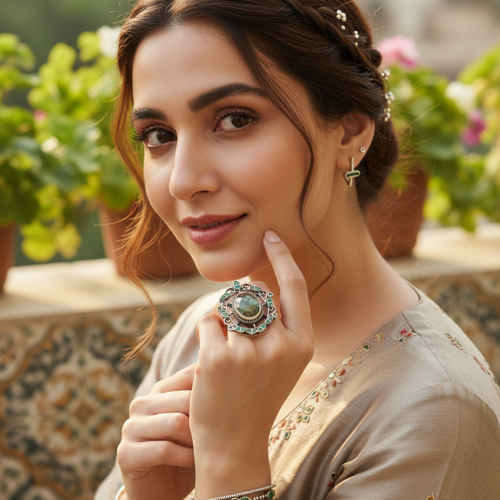 Sangeeta Boochra Mystic Labradorite & Green Stone Silver Ring