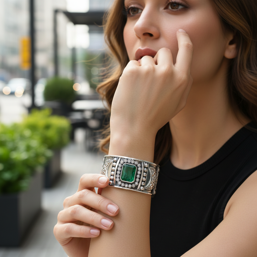 Sangeeta Boochra Classic Silver Hand Cuff with Green Center Stone