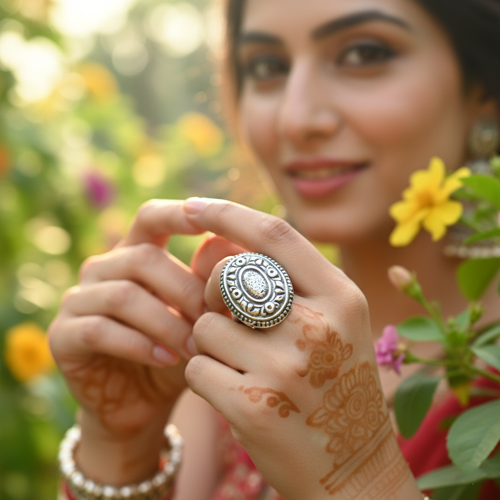 Sangeeta Boochra Oxidised Silver Oval Floral Statement Ring