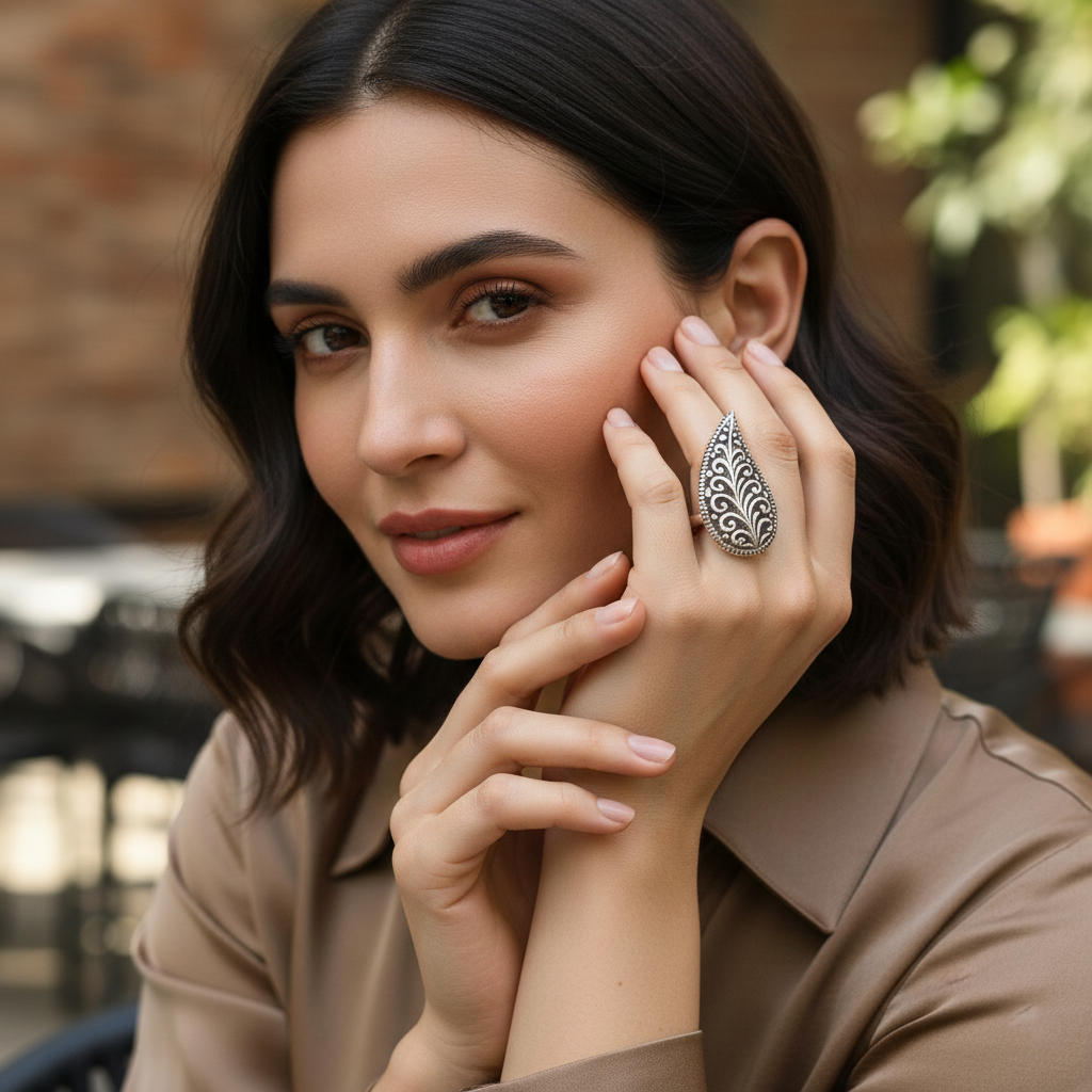 Handcrafted Oxidised Silver Floral Motif Ring by Sangeeta Boochra