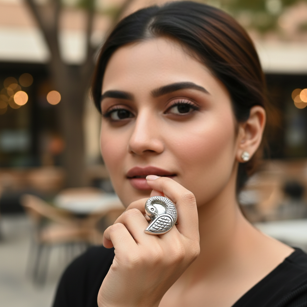 Sangeeta Boochra Heritage Peacock Adjustable Silver Ring