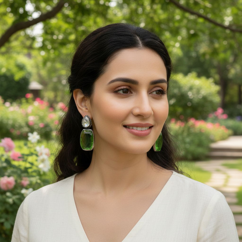 Sangeeta Boochra Artisan Silver Earrings with Green Stone