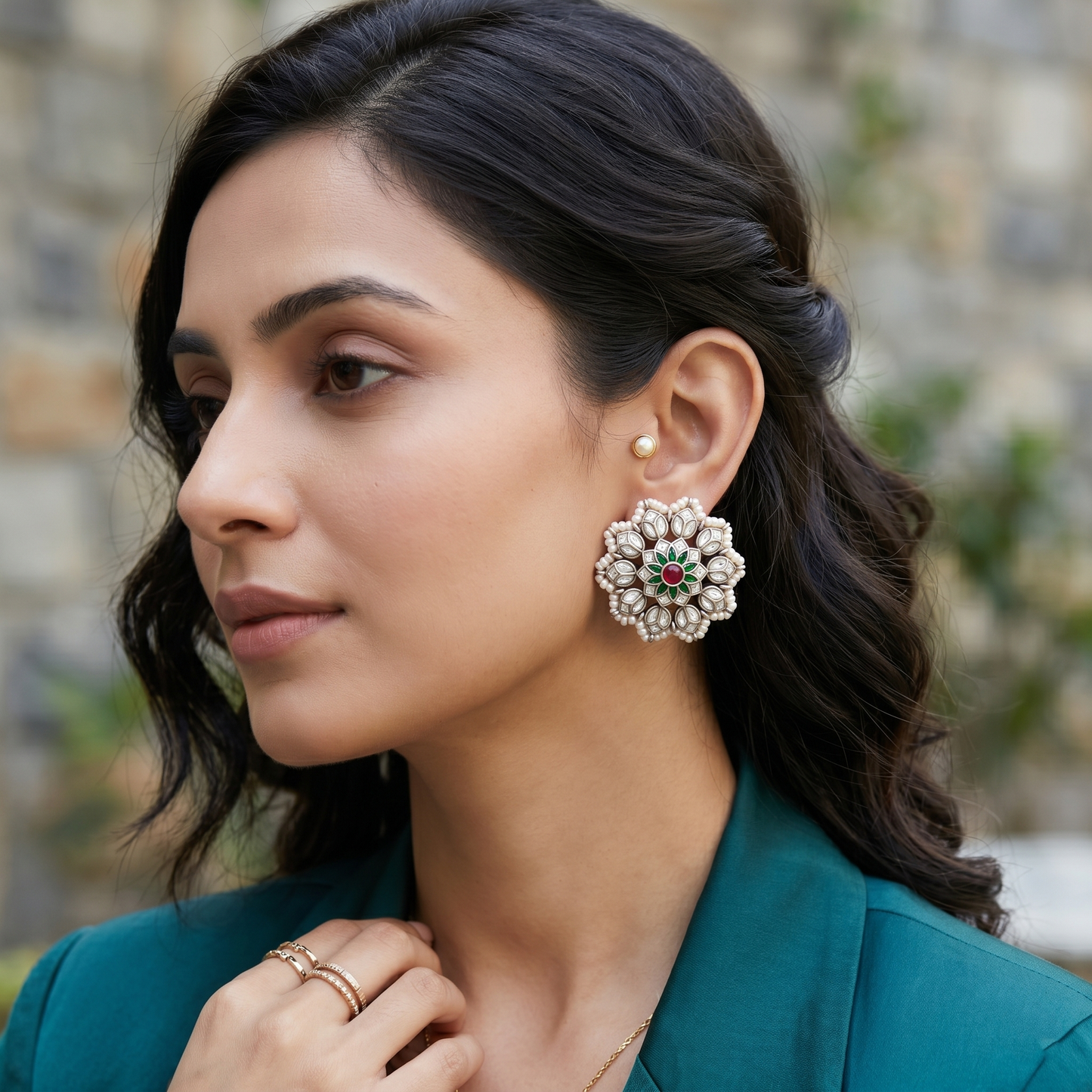 Sangeeta Boochra Handcrafted Kundan Silver Statement Studs