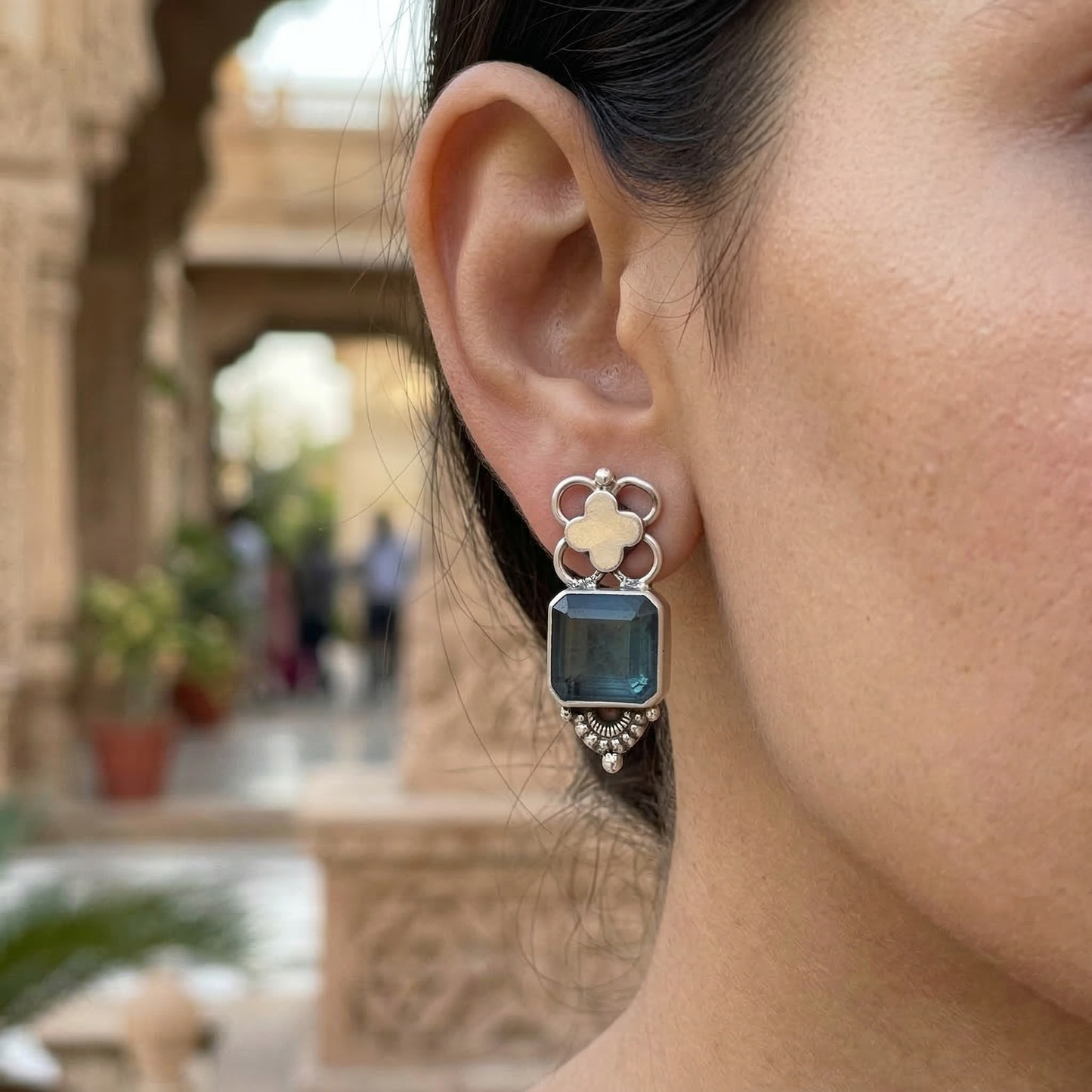 Floral Motif Oxidised Silver Earrings with Blue Stone – Sangeeta Boochra