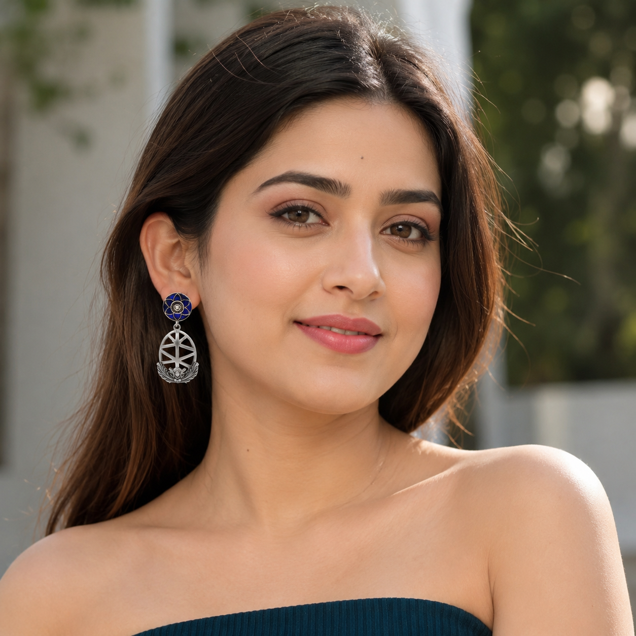 Sangeeta Boochra Artisan Sterling Silver Blue Floral Statement Earrings