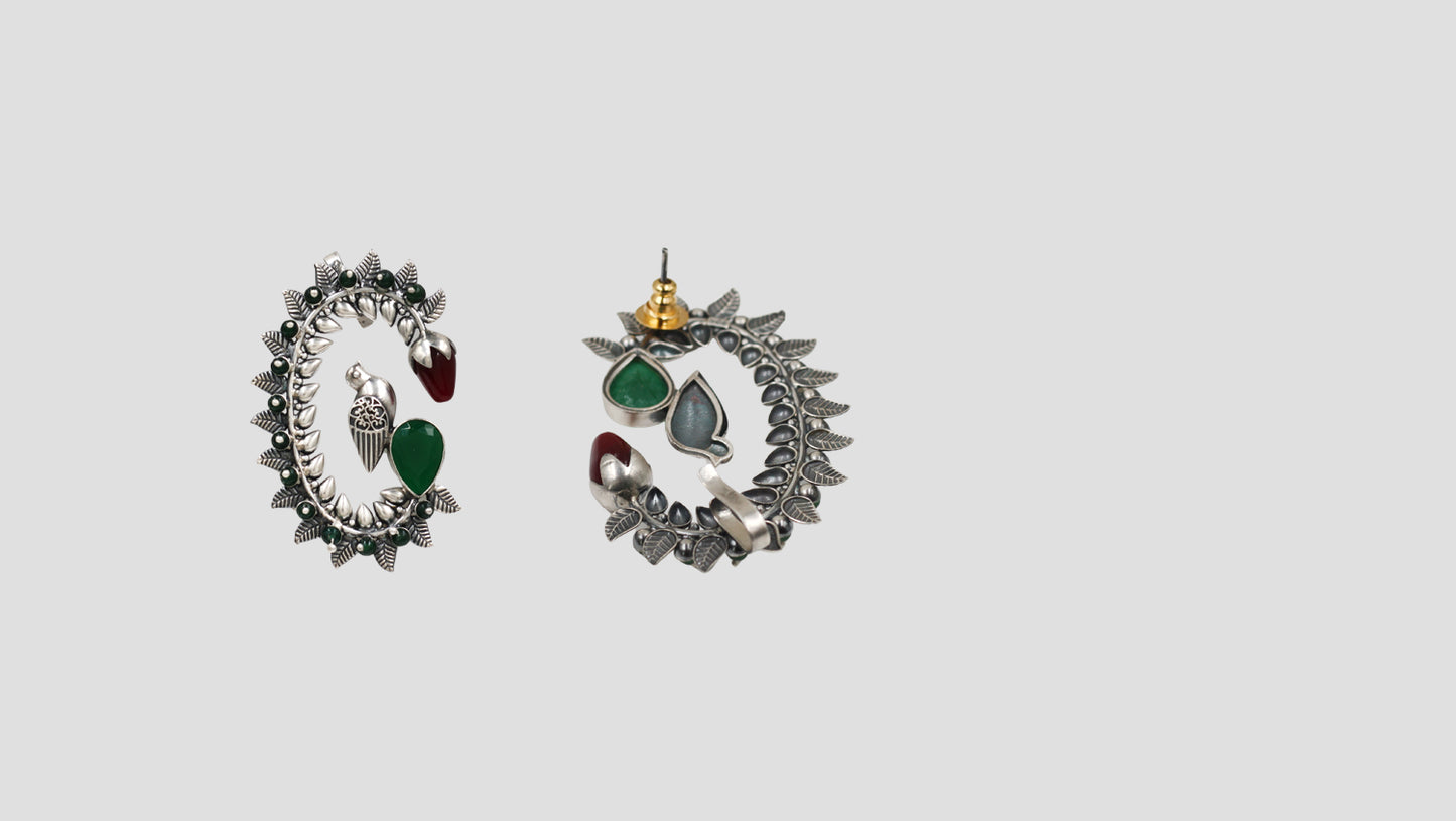 Sangeeta Boochra Handcrafted Bird Motif Oxidised Silver Statement Earrings with Green Stones