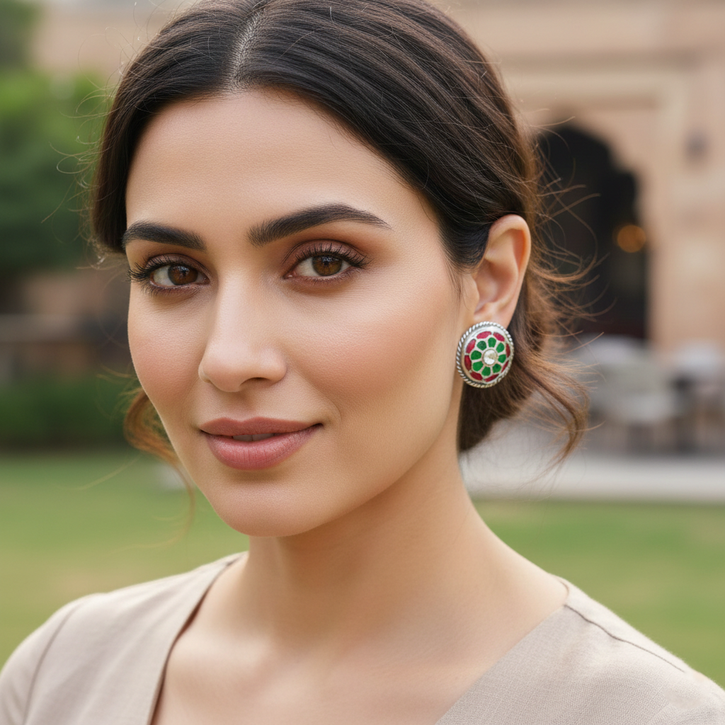 Sangeeta Boochra Green-Red Floral Kundan Silver Studs