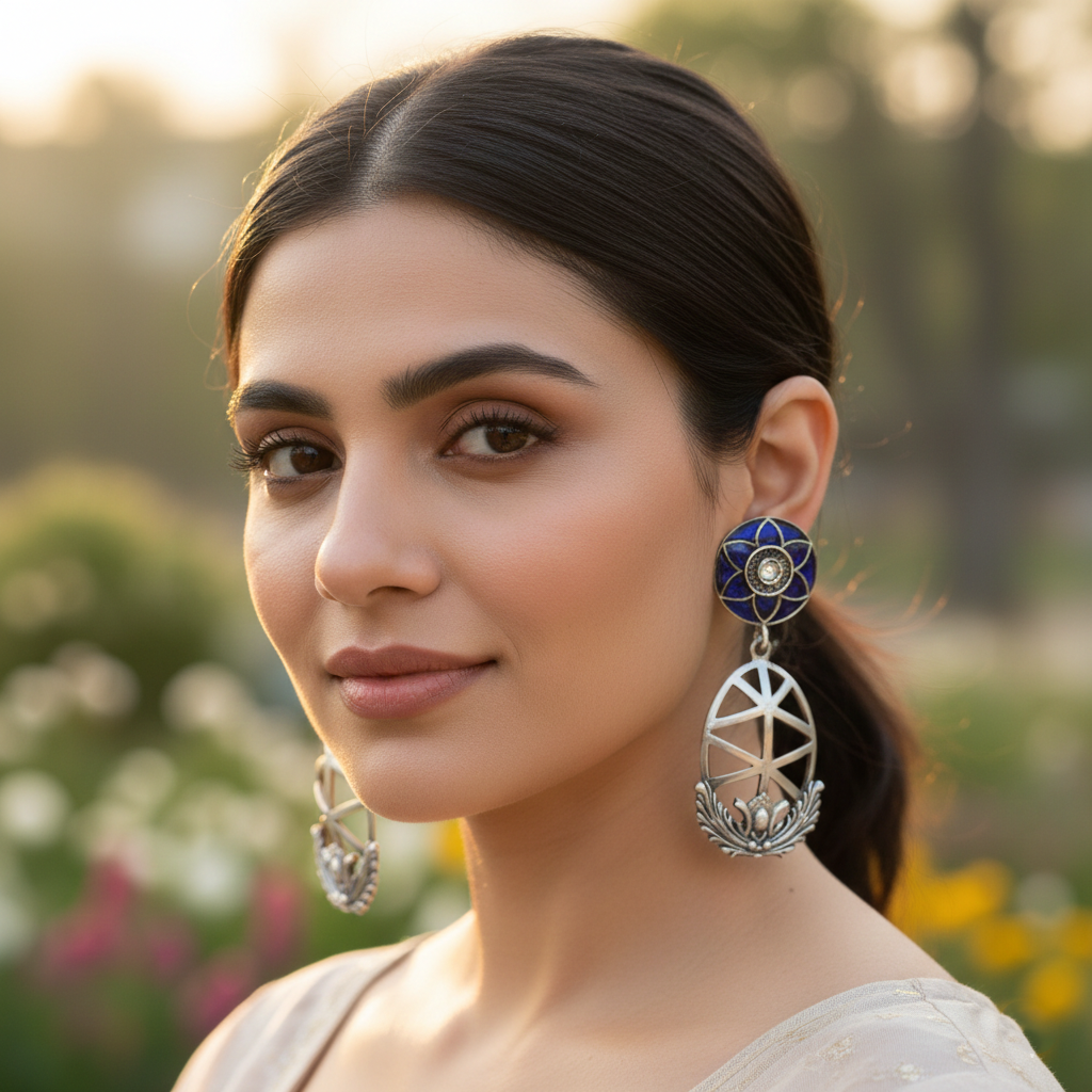 Sangeeta Boochra Blue Floral Silver Drop Earrings