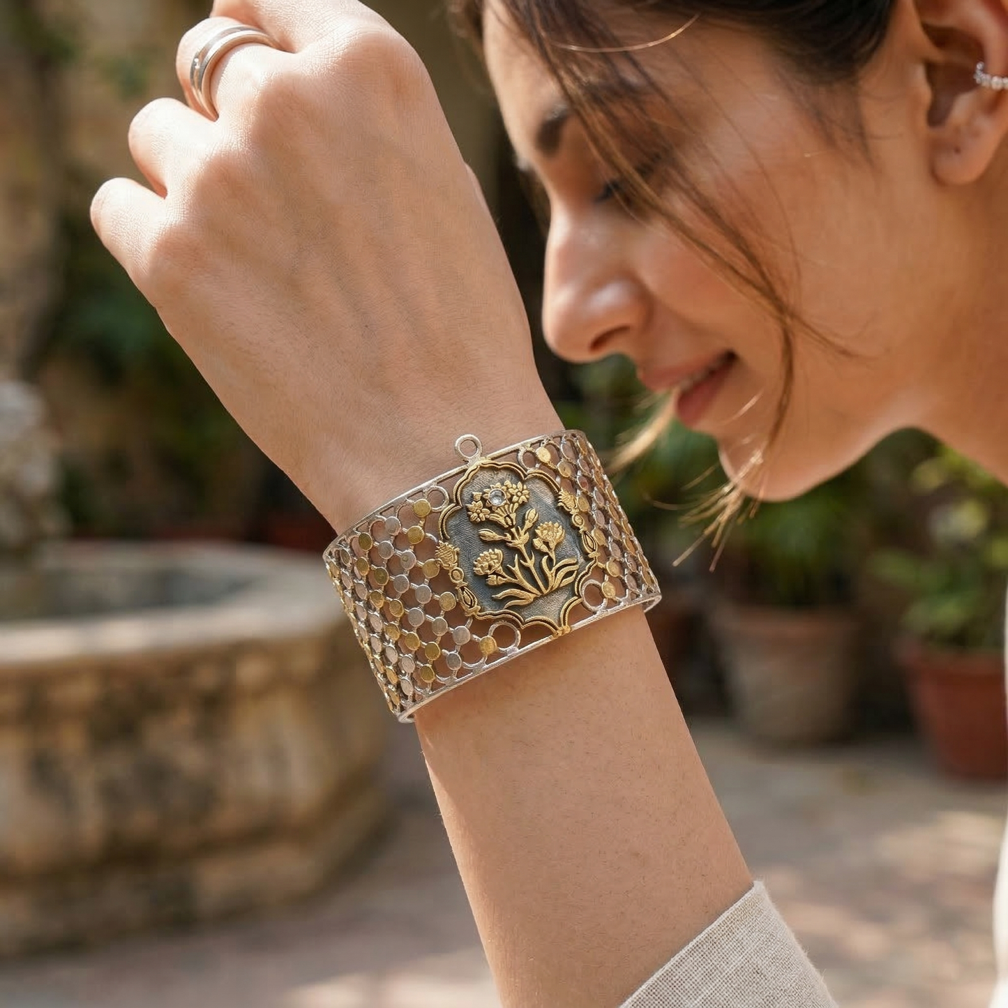 Sangeeta Boochra Dual-Tone Silver Openable Floral Bangle