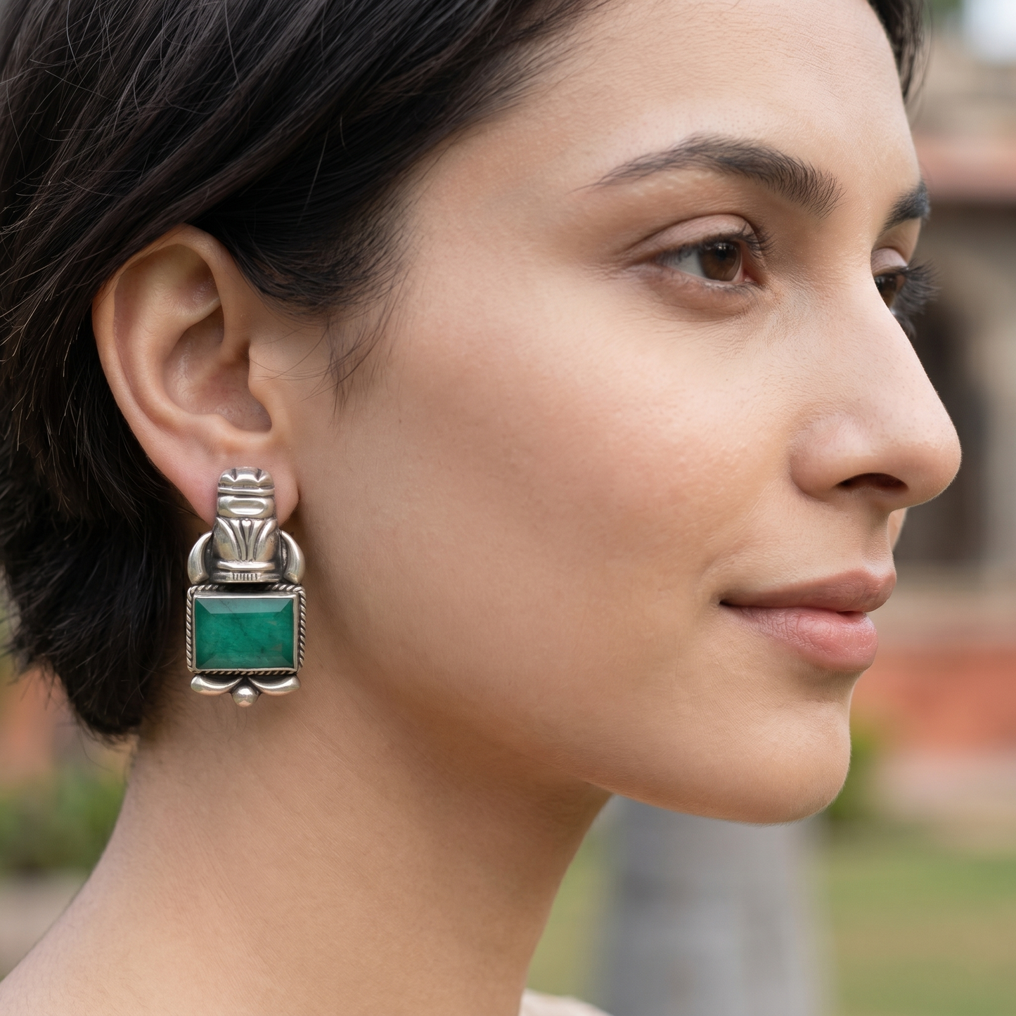 Sangeeta Boochra Tribal-Inspired Green Stone Oxidised Earrings