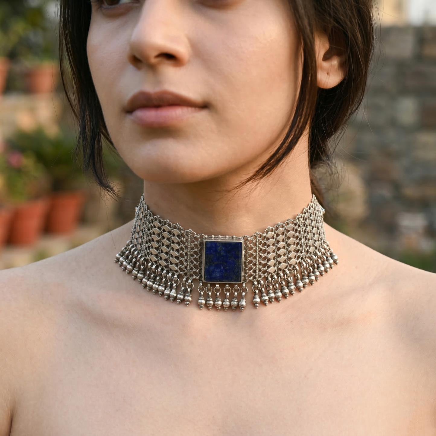 Sangeeta Boochra Handcrafted Silver Choker with Blue Centerpiece
