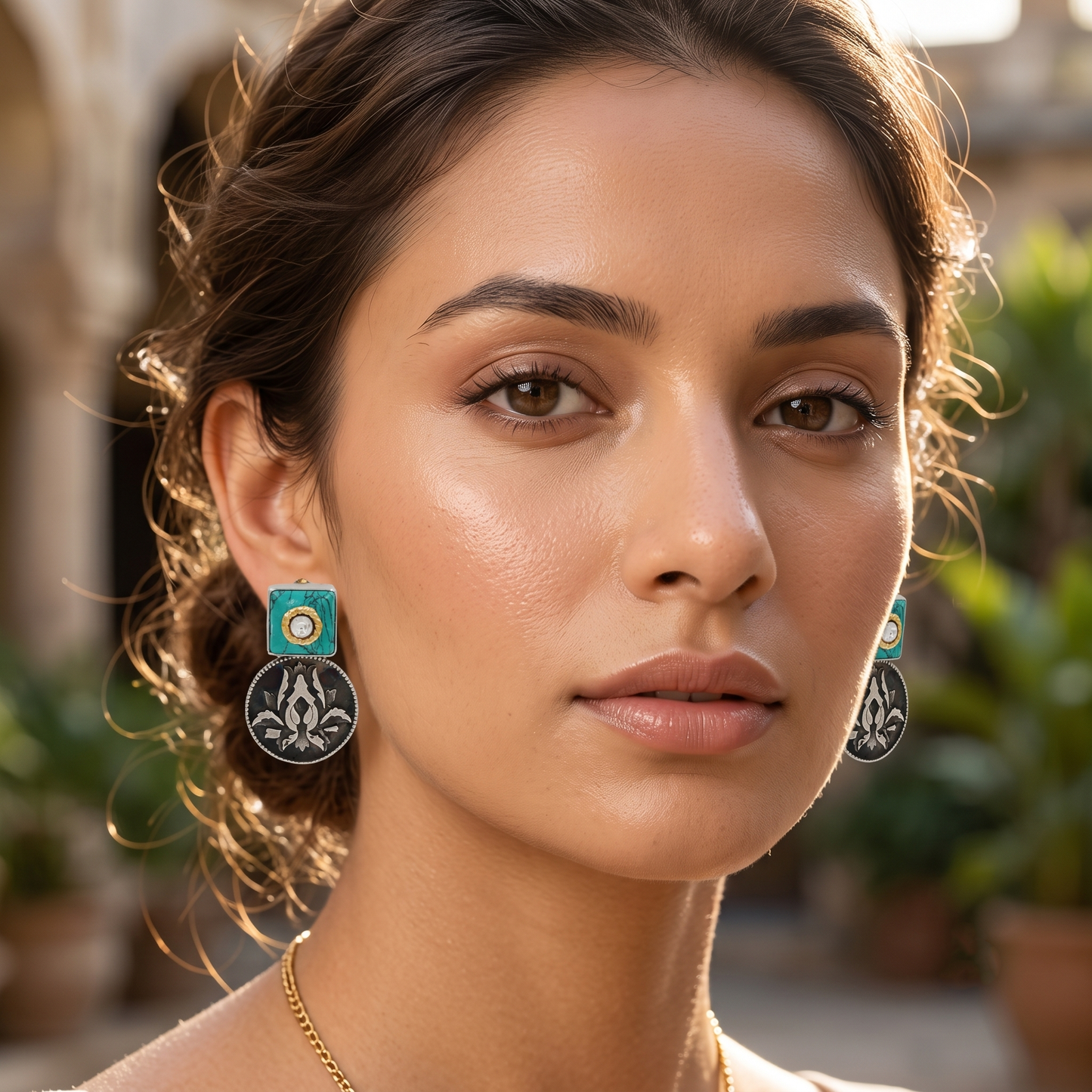 Sangeeta Boochra Turquoise Stone Floral Oxidised Silver Earrings