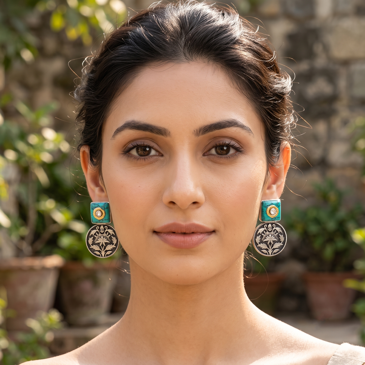 Handcrafted Turquoise Floral Disc Earrings by Sangeeta Boochra