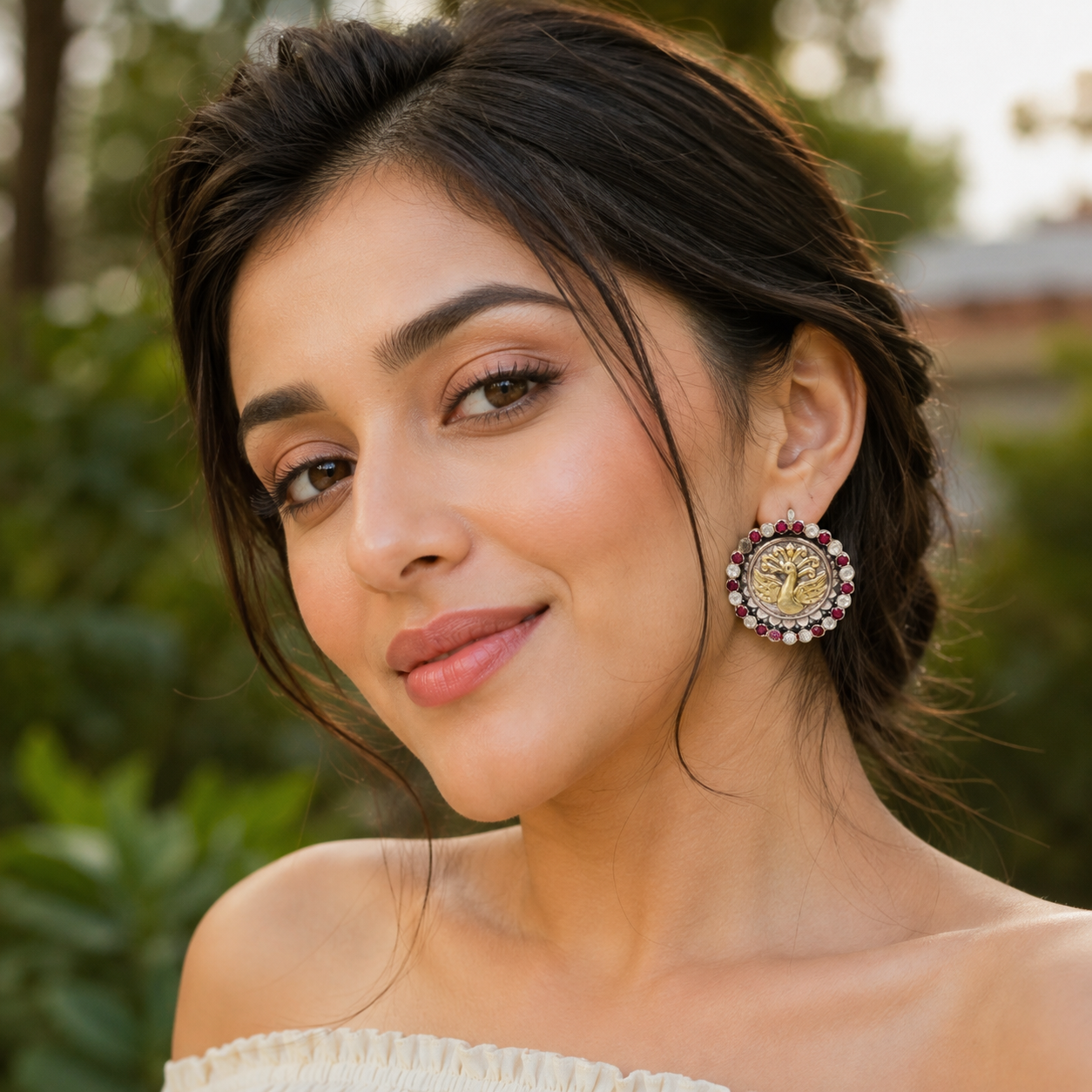 Sangeeta Boochra Handcrafted Dual Plated Silver Peacock Motif Stud Earrings