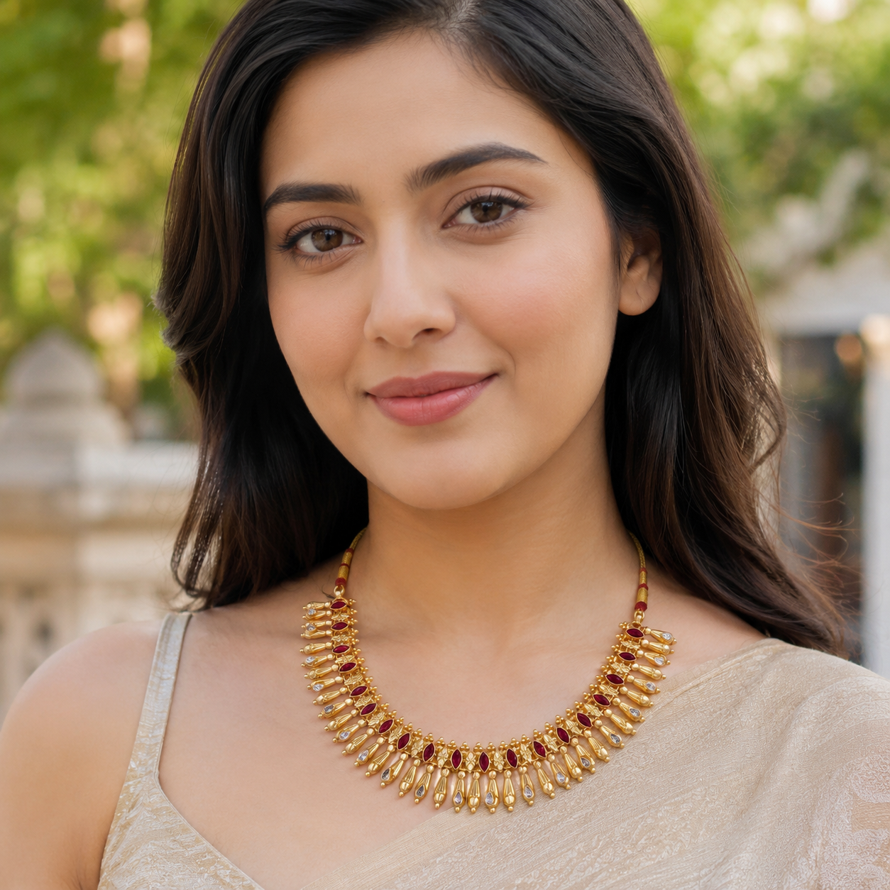 Gold-Plated Silver Necklace with Ruby Red & White Stone Embellishments – Sangeeta Boochra
