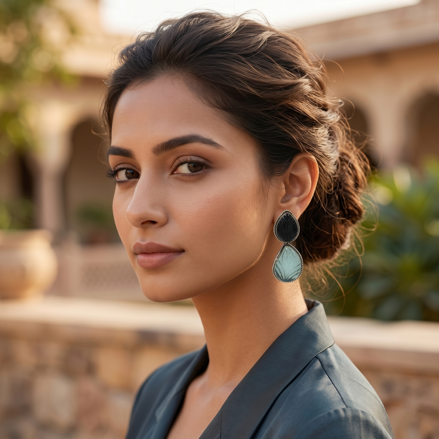 Sangeeta Boochra Handcrafted Silver Earrings with Black & Aqua Stones