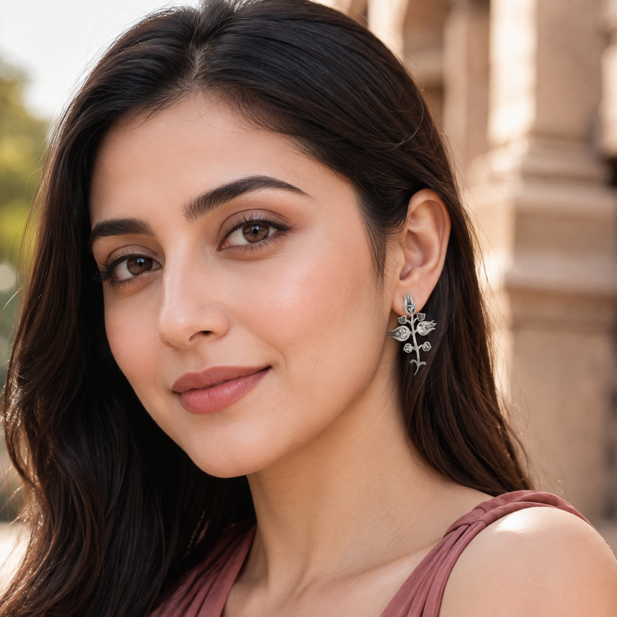 Sangeeta Boochra Oxidised Sterling Silver Floral Stem Statement Earrings