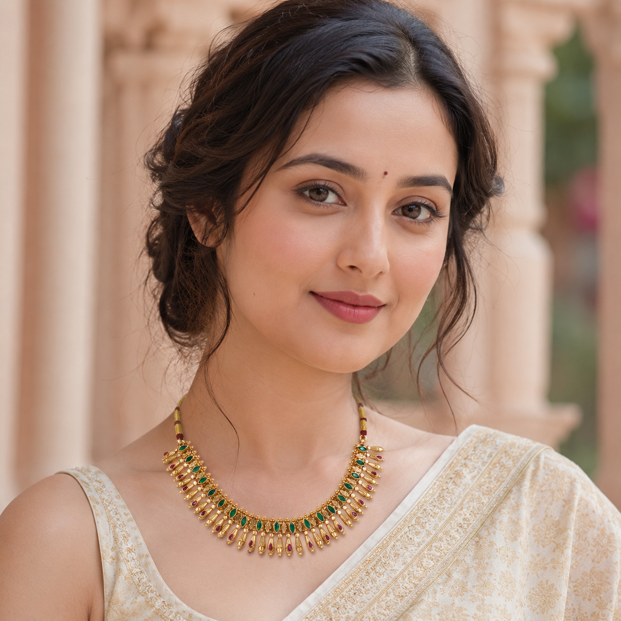 Sangeeta Boochra Gold-Plated Silver Necklace with Green & Ruby Stone Detailing