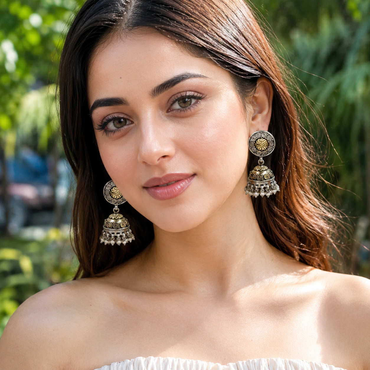 Sangeeta Boochra Dual-Tone Oxidised Jhumka Earrings with Pearl Drops
