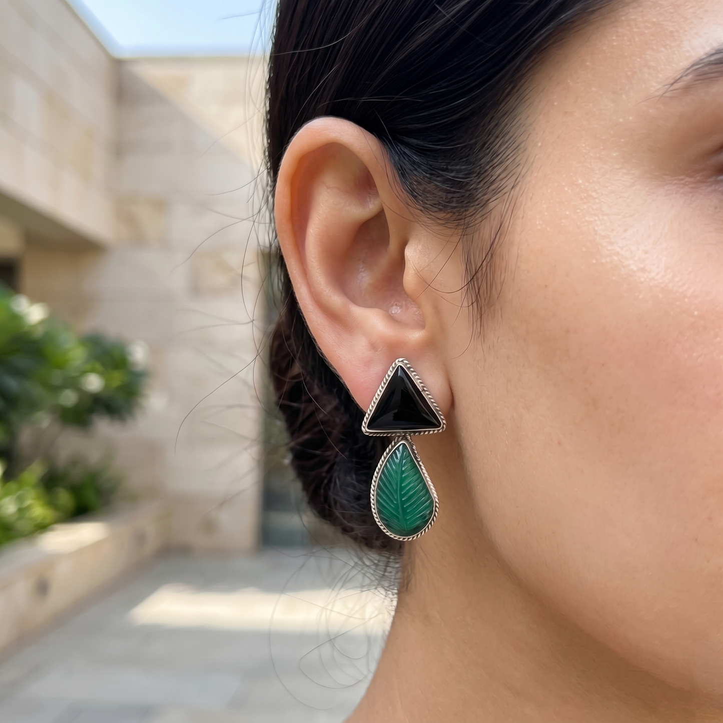 Sangeeta Boochra Black Onyx & Green Carved Stone Silver Earrings