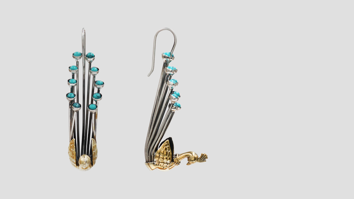 Sangeeta Boochra Handcrafted Dual Tone Peacock Motif Silver Earrings with Turquoise Stones