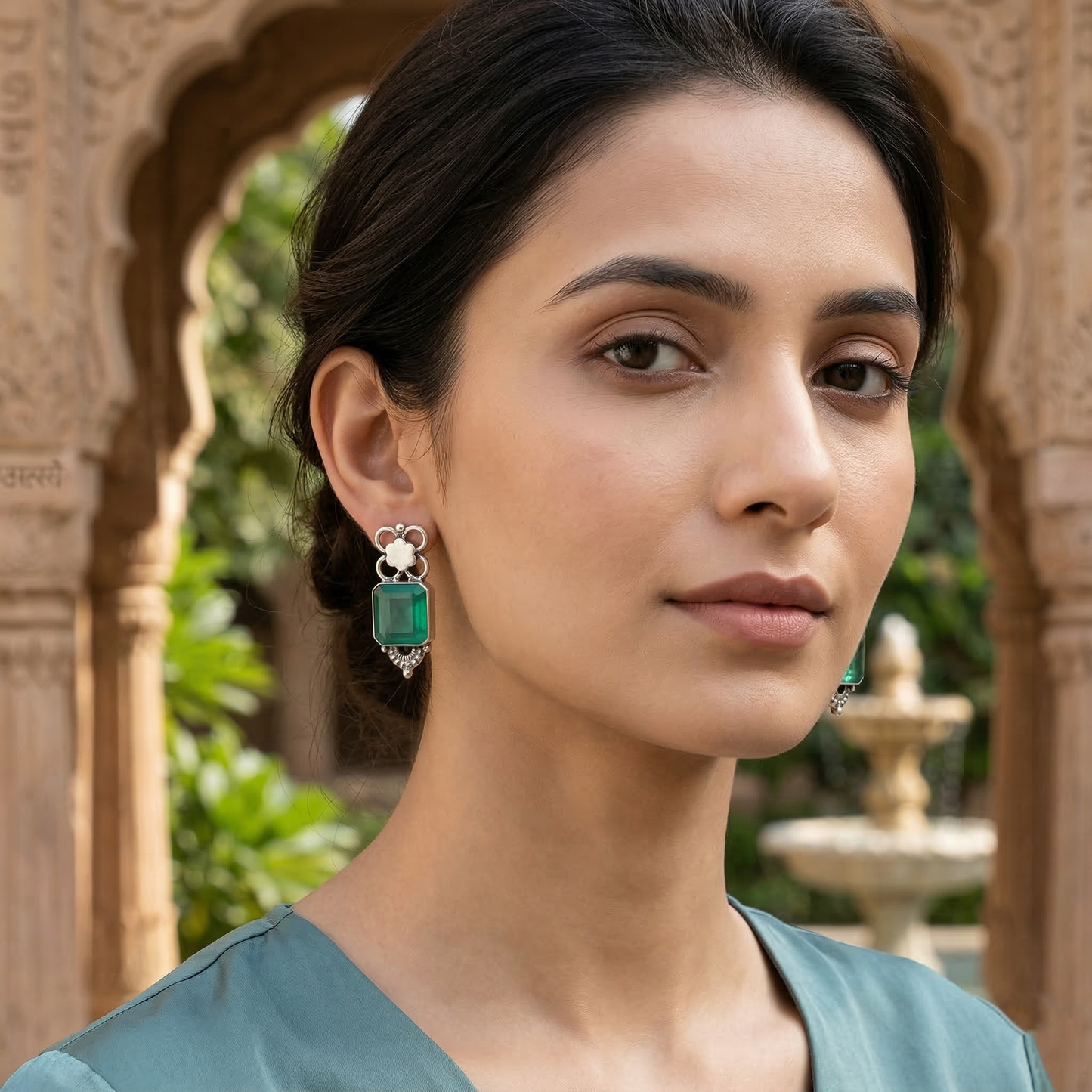 Sangeeta Boochra Handcrafted Silver Stud Earrings with Green Stone