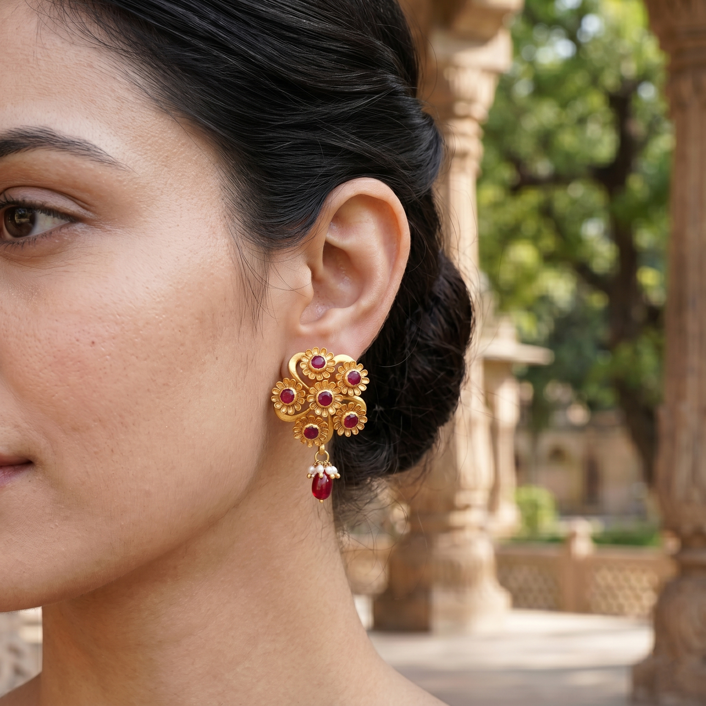 Sangeeta Boochra Gold-Plated Silver Kundan Earrings with Red Drops