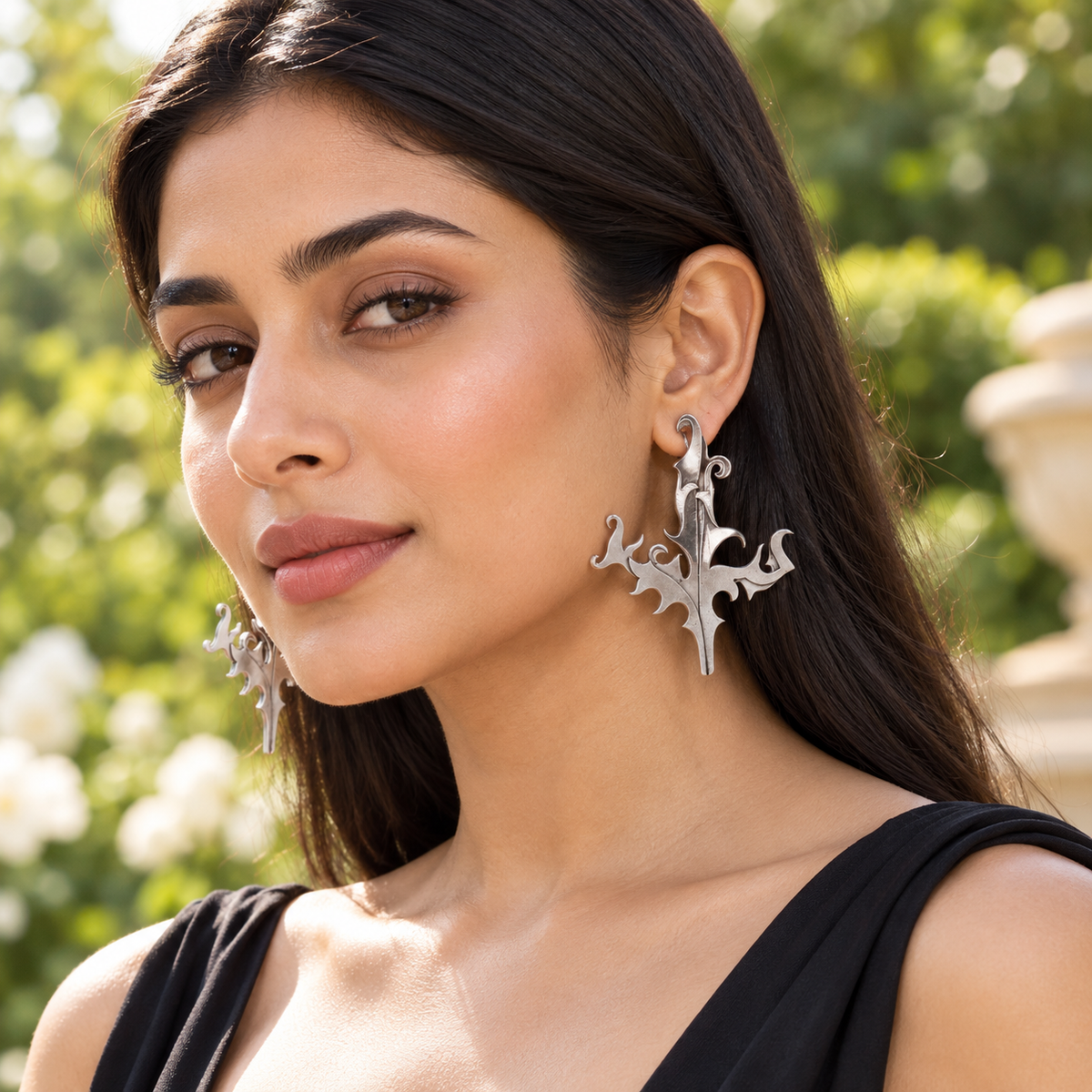 Sangeeta Boochra Handcrafted Oxidised Silver Botanical Statement Earrings