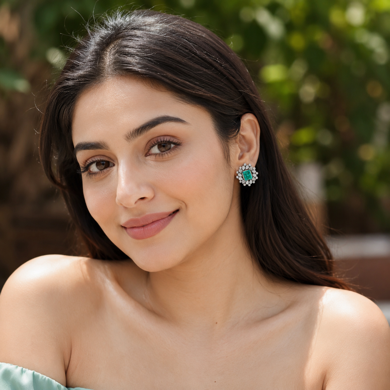 Sangeeta Boochra Artisan Silver Statement Stud Earrings with Green Gemstone