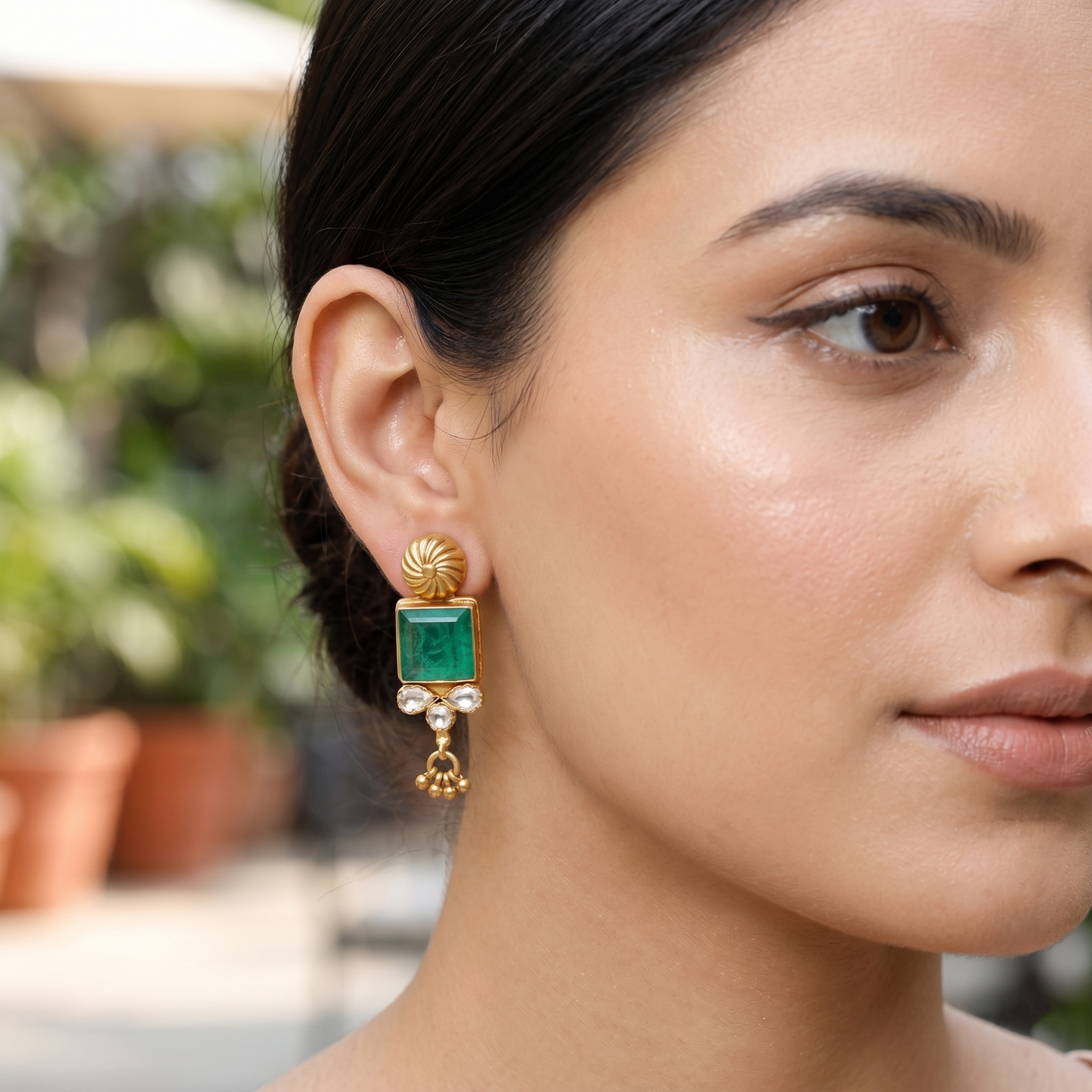 Sangeeta Boochra Gold Plated 925 Silver Green Stone & Moissanite Finish Stud Earrings