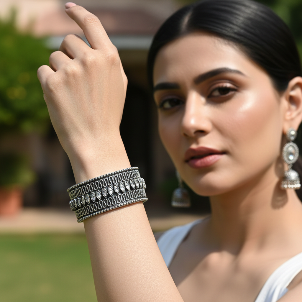 Sangeeta Boochra Designer Oxidised Silver Statement Hand Cuff Bracelet