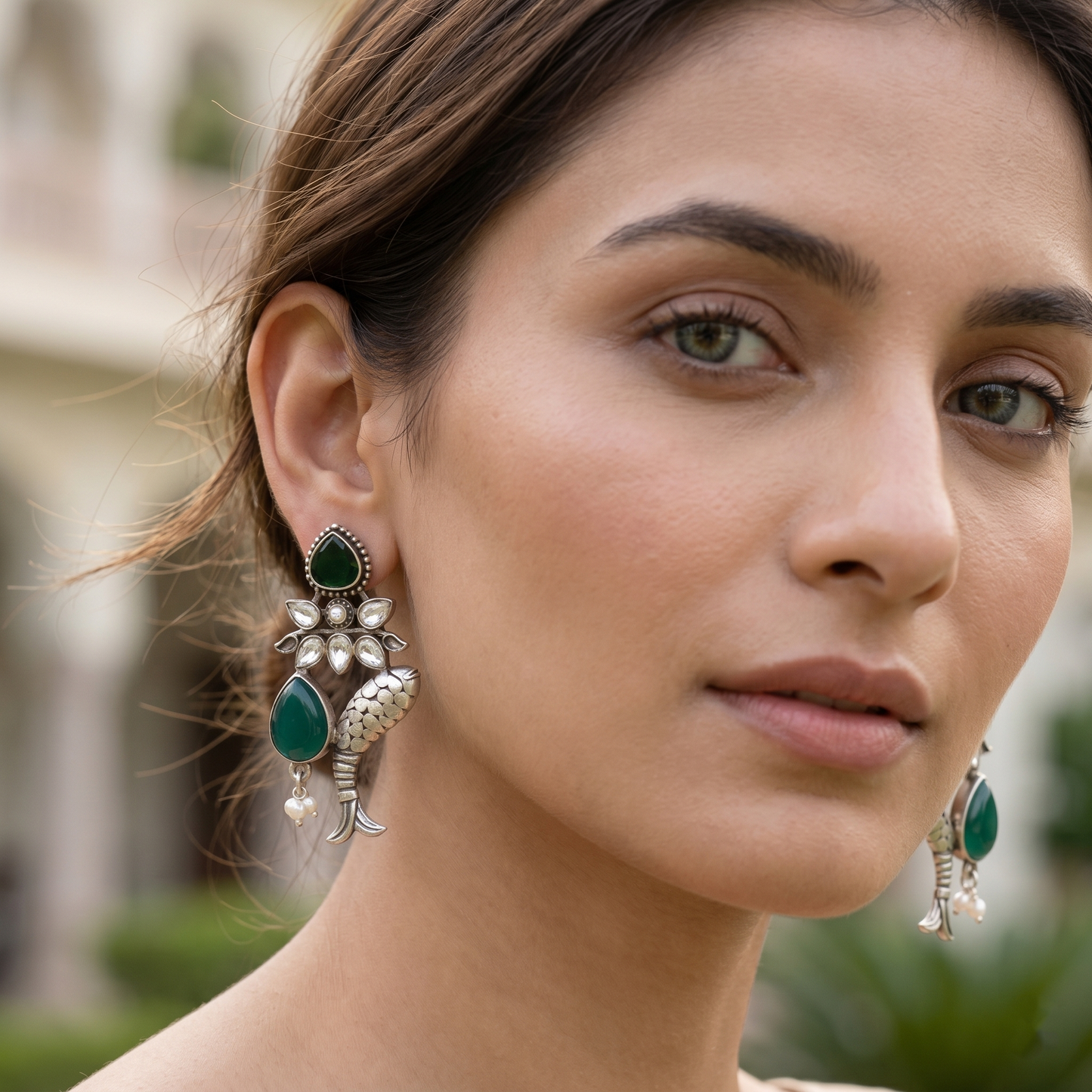 Sangeeta Boochra Artisan Fish Motif Earrings with Kundan Work & Green Stone Drops