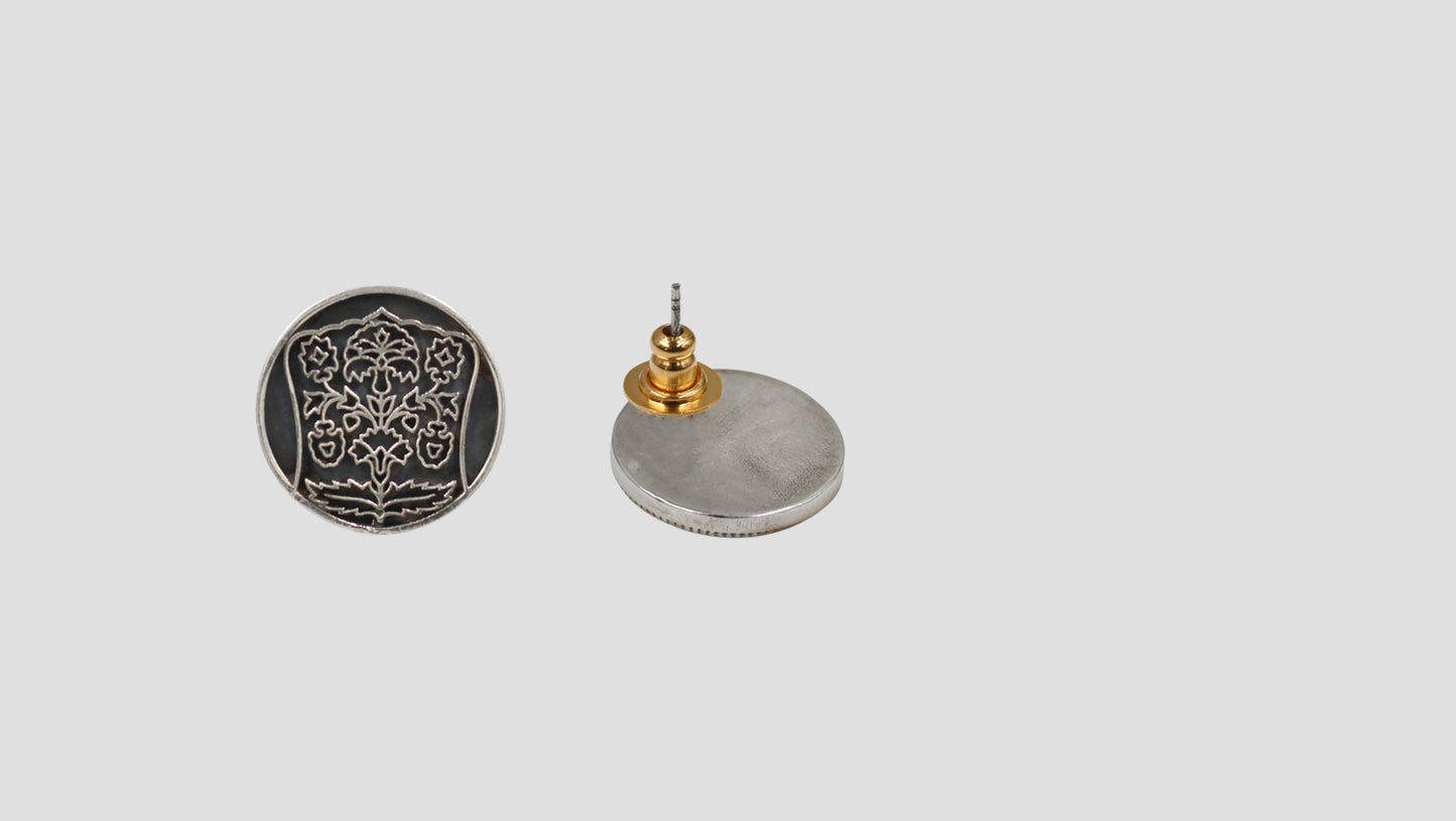Sangeeta Boochra Heritage Motif Oxidised Silver Disc Earrings