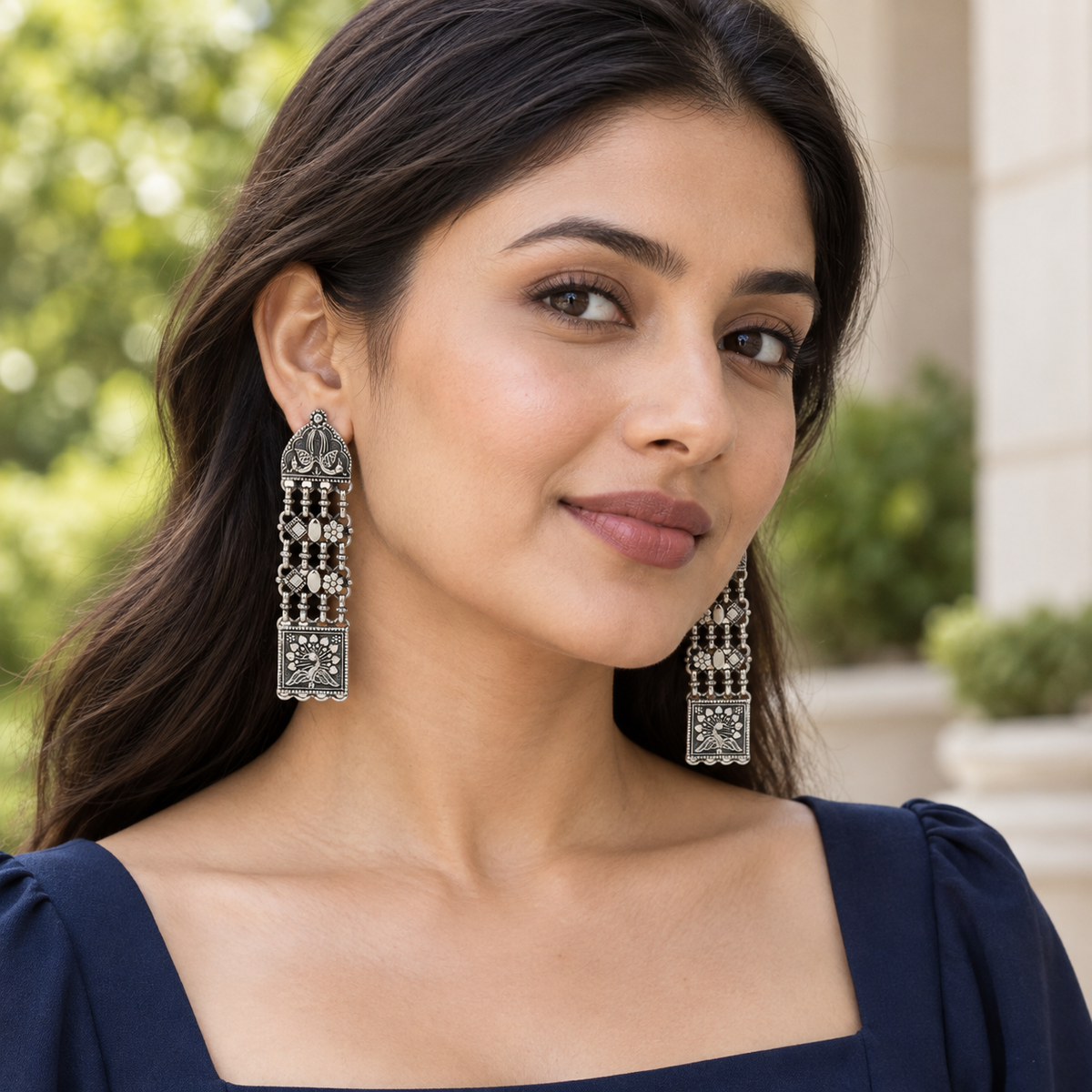 Sangeeta Boochra Handcrafted Oxidised Silver Peacock Motif Long Earrings