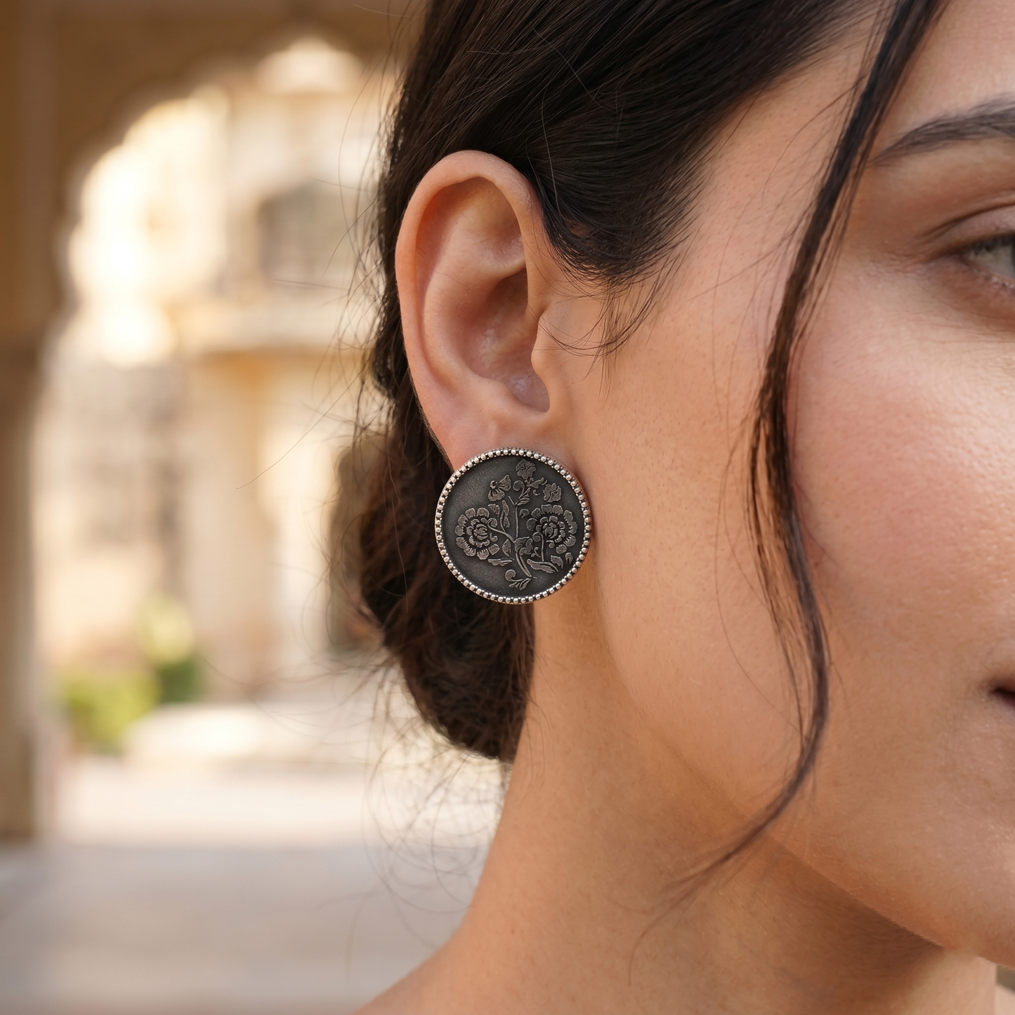Sangeeta Boochra Vintage Floral Oxidised Silver Stud