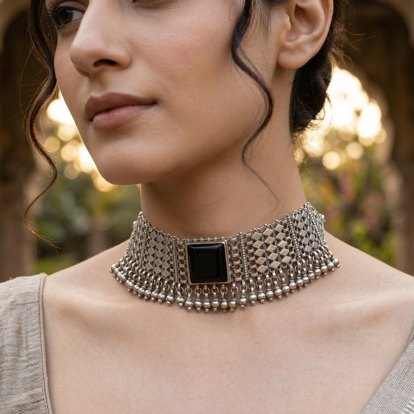 Sangeeta Boochra Minimal Tribal Oxidised Choker with Black Accent