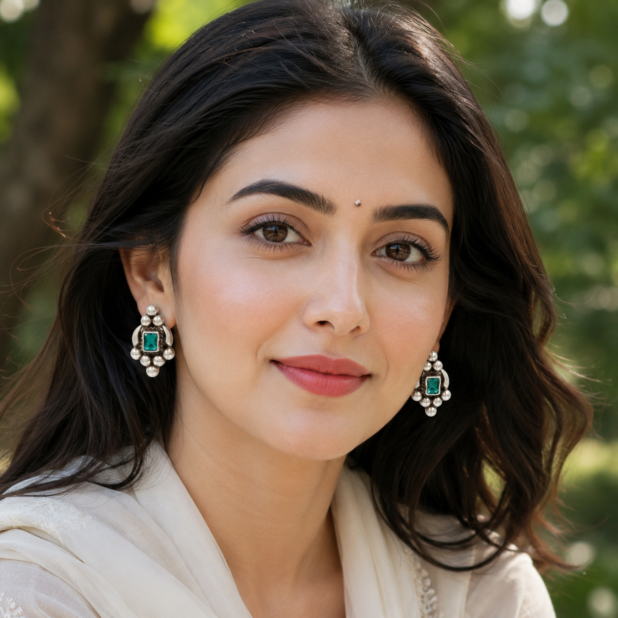 Handcrafted Oxidised Silver Stud Earrings with Green Stone | Sangeeta Boochra