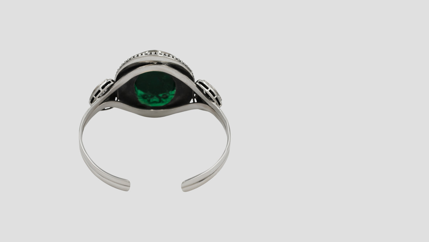 Sangeeta Boochra Handcrafted Silver Bracelet with Green Stone & Floral Motif