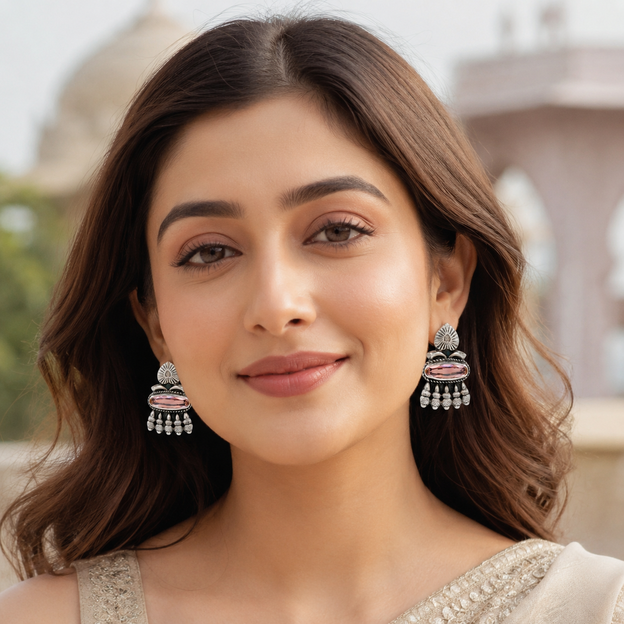 Sangeeta Boochra Premium Handcrafted Oxidised Silver Earrings with Blush Pink Stone