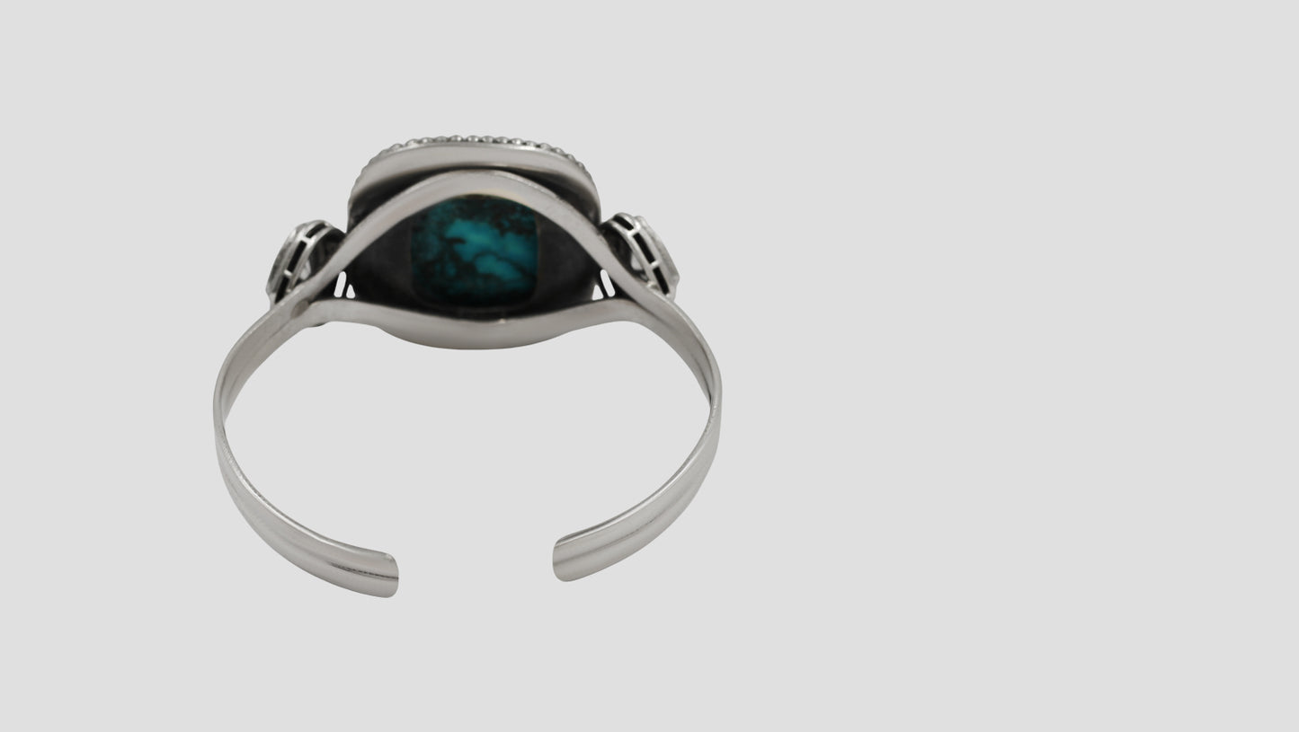 Sangeeta Boochra Silver Statement Bracelet with Turquoise Stone & Floral Motif