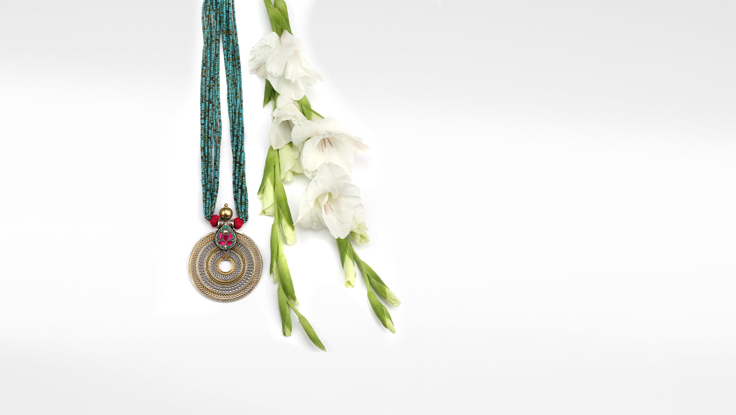Sangeeta Boochra Green Tribal Silver Necklace