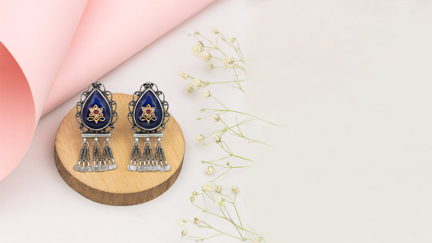 Floral Motif Blue Teardrop Silver Earrings – Sangeeta Boochra