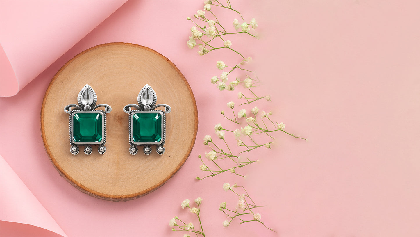 Sangeeta Boochra Handcrafted Green Square Silver Earrings