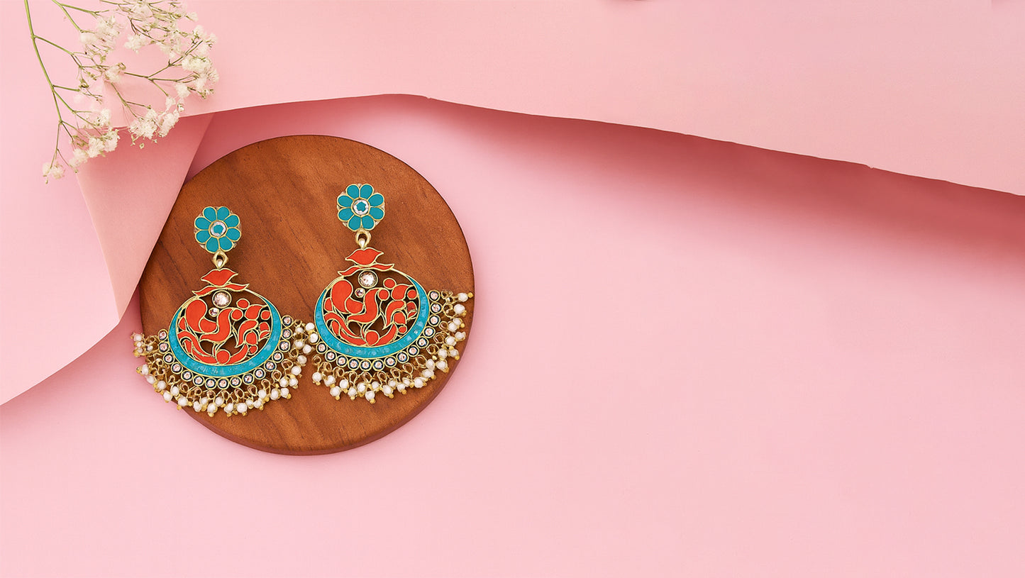 Sangeeta Boochra Enamel Peacock Motif Silver Chandbali Earrings