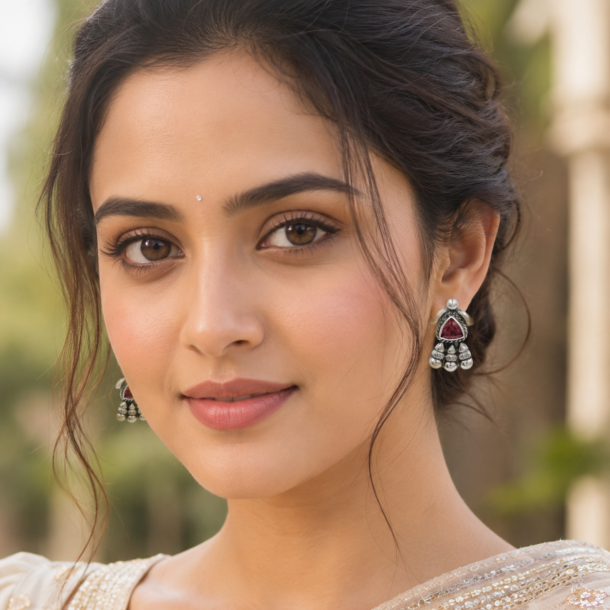 Oxidised Silver Stud Earrings with Ruby Red Trillion Stone – Sangeeta Boochra
