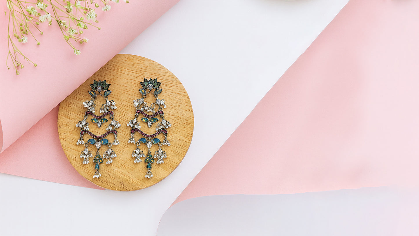 Sangeeta Boochra Handcrafted Lotus Motif Silver Earrings