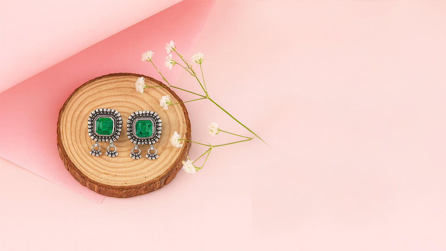 Sangeeta Boochra Antique Silver Green Stone Stud